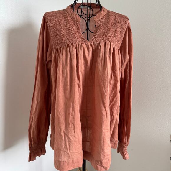 Primark Terra Cotta Cotton Lightweight Boho Peasant Smocked Long Sleeve Blouse-S - Picture 1 of 7